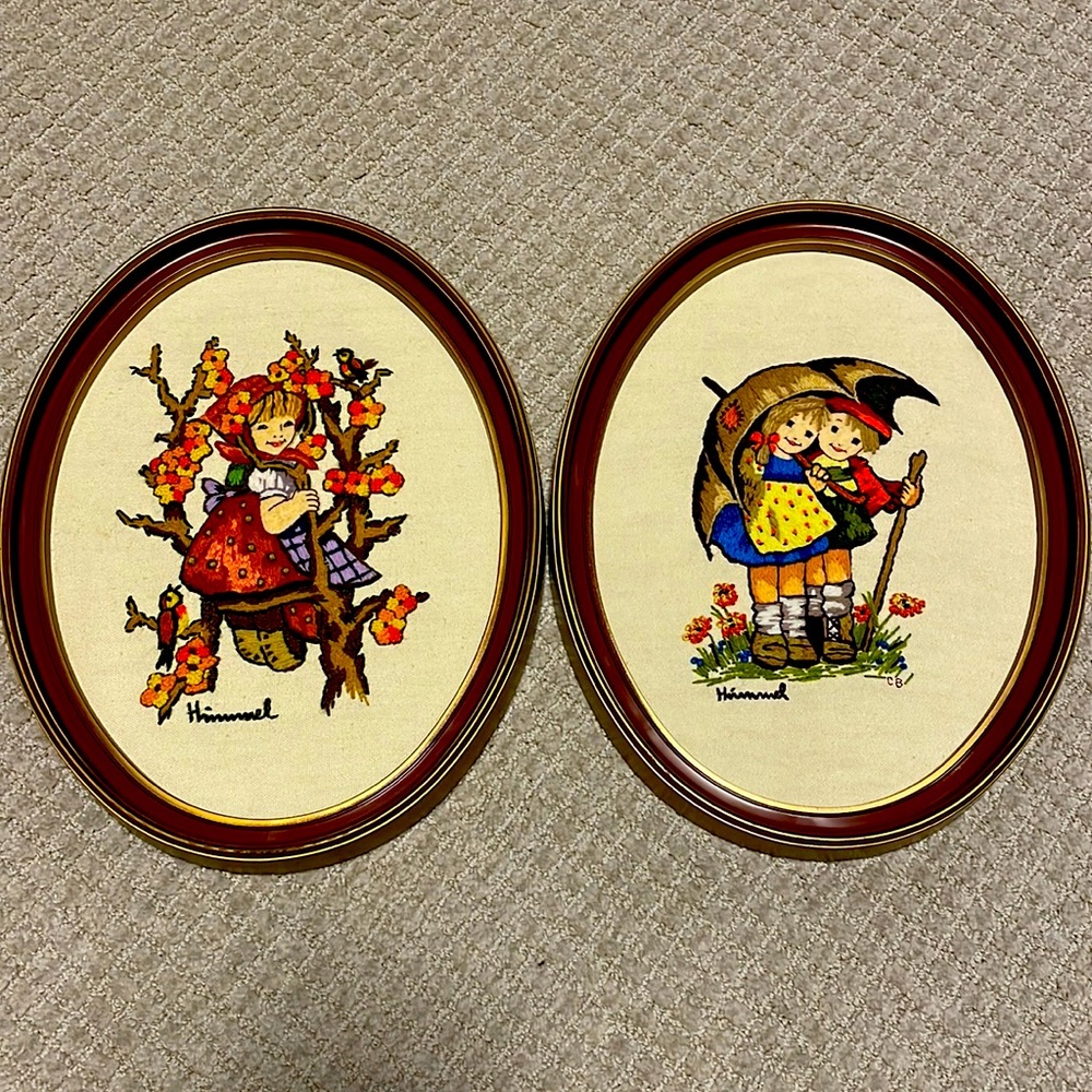 Vintage Hummel Cross Stitched Pair in frame